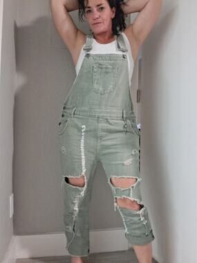 One x OneTeaspoon Distressed Denim Overalls Custom Sashiko Stitching Green XL